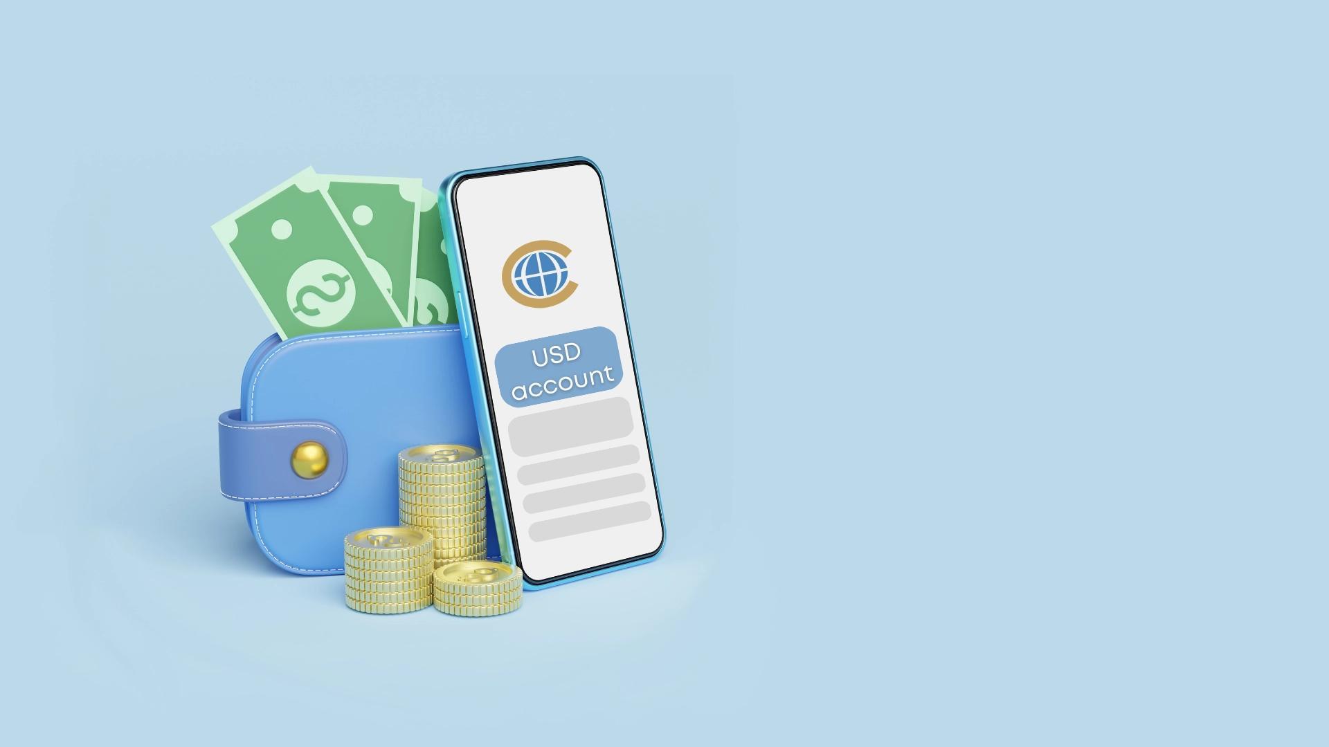 A cartoon wallet with a smart phone leaning against it